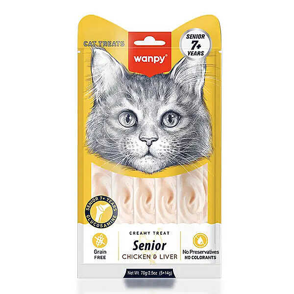 Wanpy Tavuklu ve Ciğerli 7+ Yaşlı Kediler İçin Krema Kedi Ödülü 5x14gr