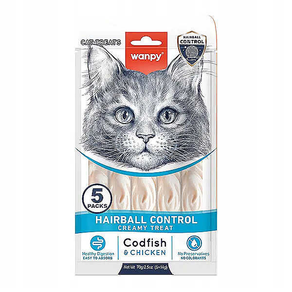 Wanpy Hairball Control Morina Balığı ve Tavuklu Fonksiyonel Krema Kedi Ödülü 5x14gr